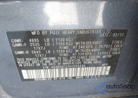 2017 Subaru Outback 2.5I Premium z USA, uszkodzony, nr VIN 4S4BSACC3H3355250